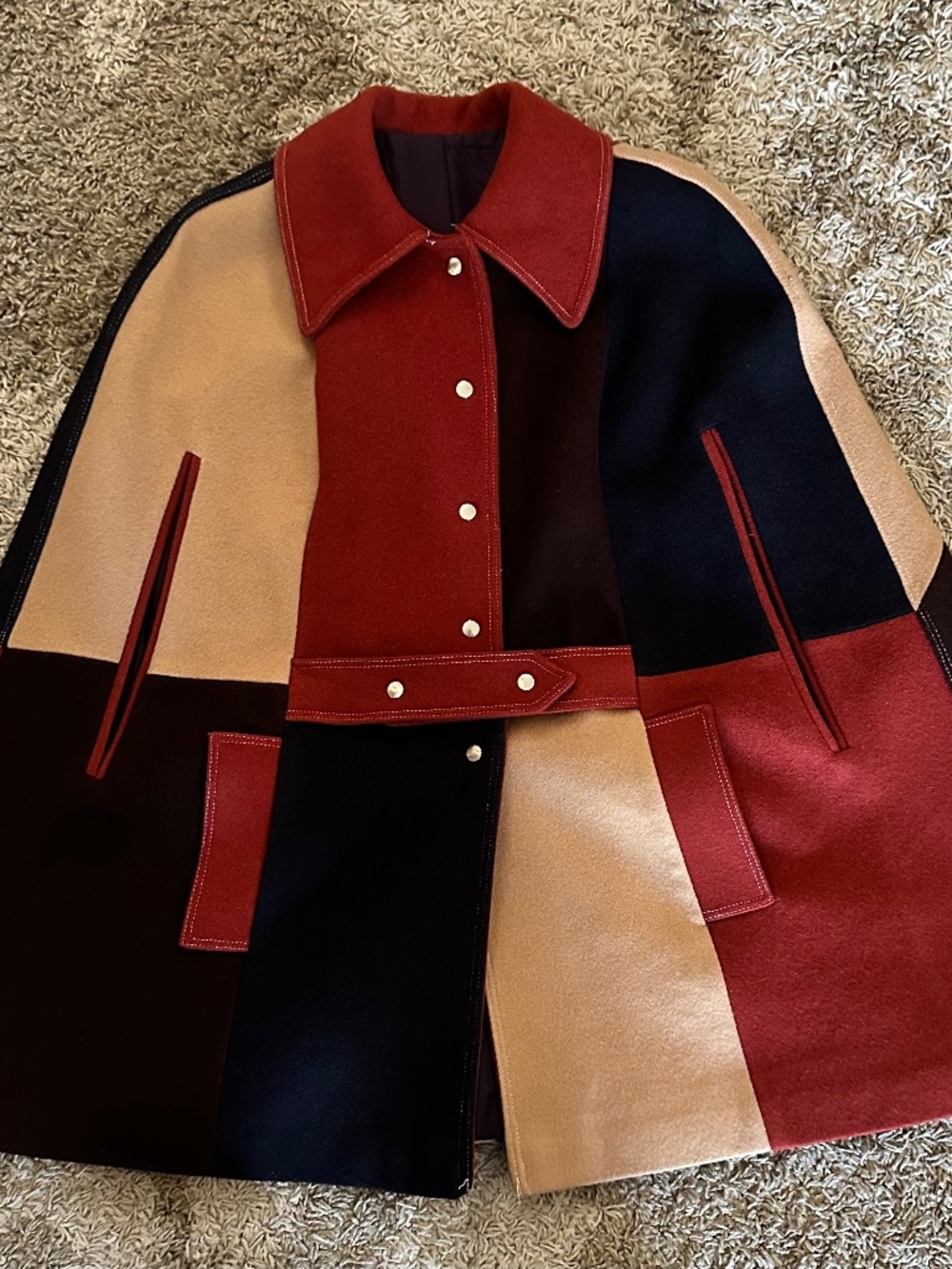 Vintage Handmade Wool Blend Color Block Cape Cloak Mod Walking Coat Lined S/M